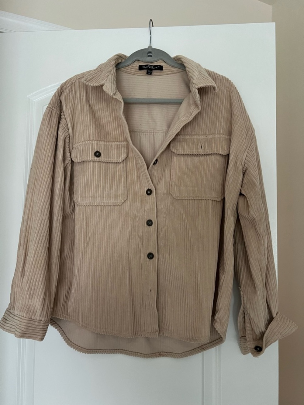 Corduroy Button-Up Shirt Jacket in Beige